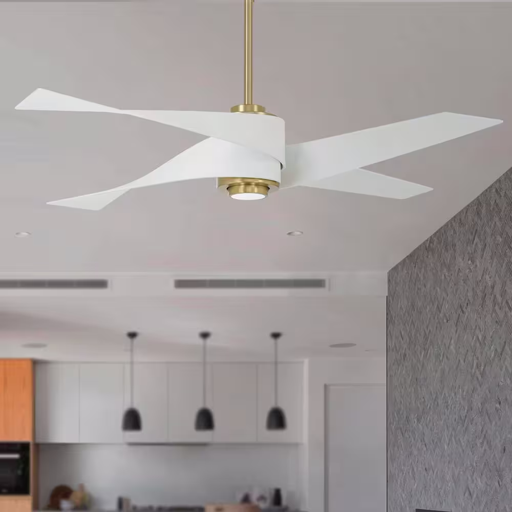 MINKA-AIRE Artemis IV 64 in. Integrated LED Indoor Soft Brass and Flat White Ceiling Fan with Light and Remote Control