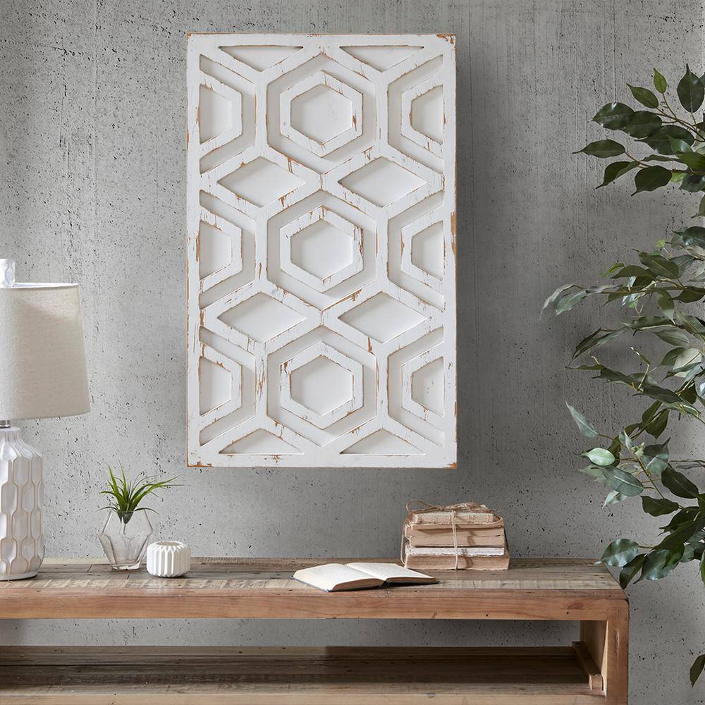None Ivory Geometric Carved Wood Wall Decor Picture Frame