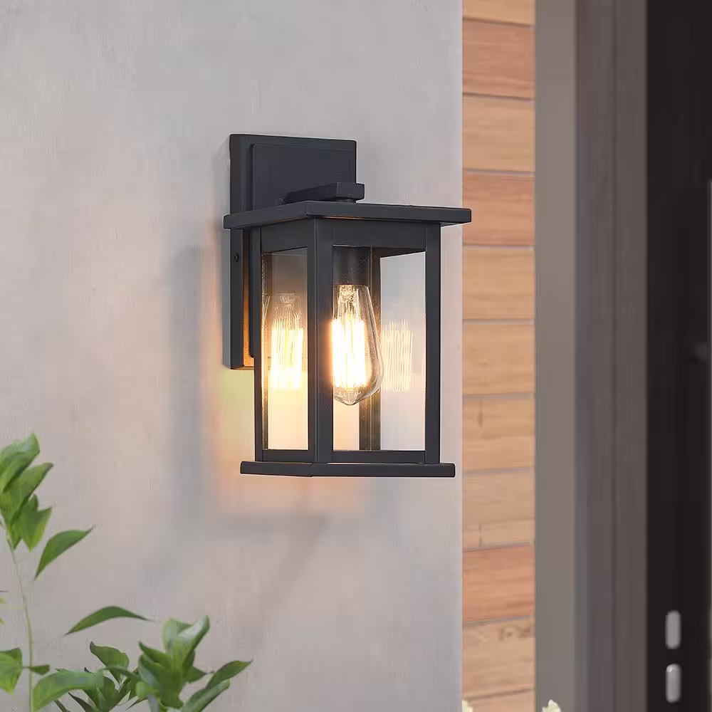 TRUE FINE 1-Light Modern Black Hardwired Outdoor Wall Lantern Sconce with Clear Glass Panels