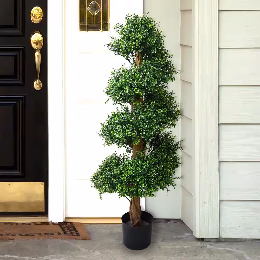 Earth Worth Indoor/Outdoor Artificial Boxwood Topiary Tree - 48 in. Potted Spiral Garden Bush