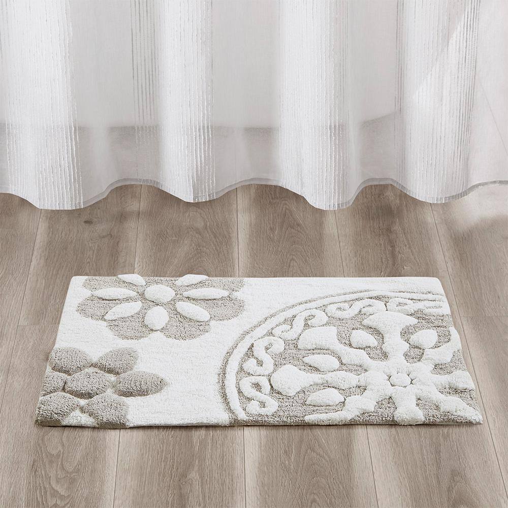 None 20 in. x 30 in. Casablanca Medallion Cotton RectangleTufted Bath Rug in Gray