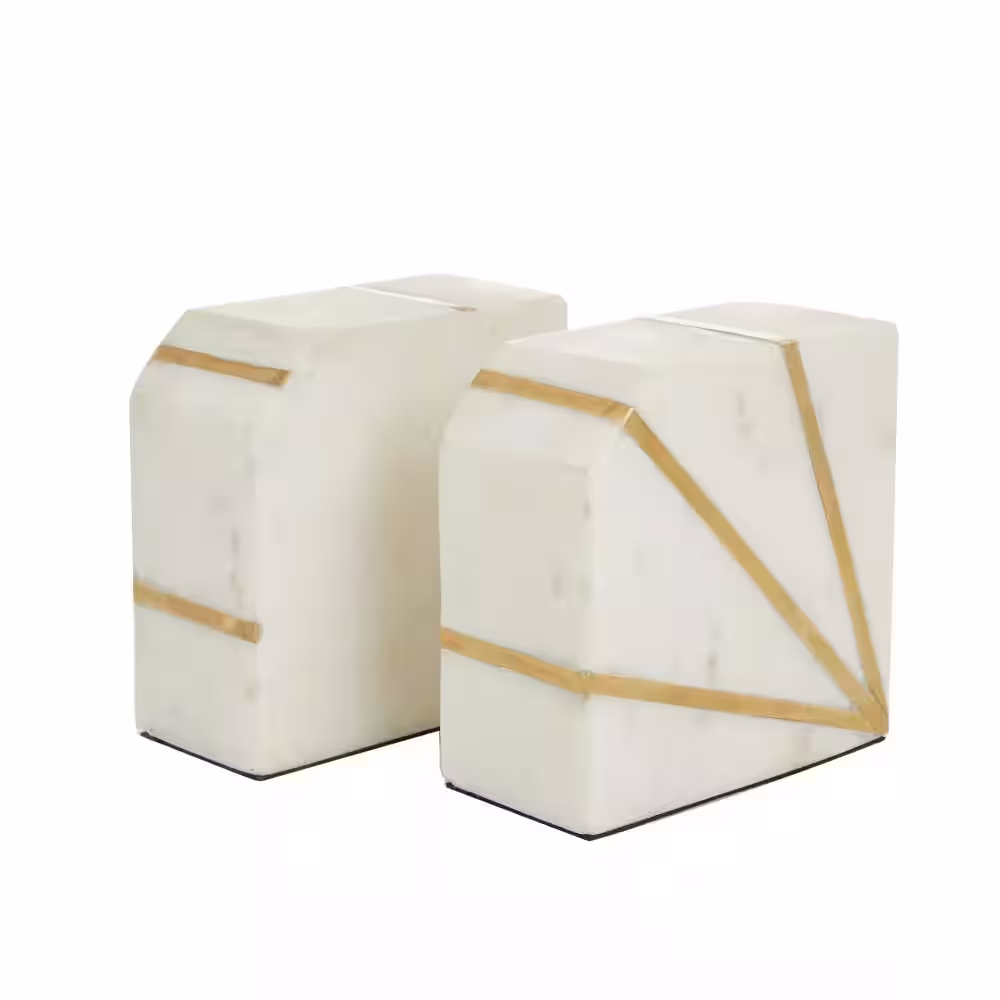 CosmoLiving by Cosmopolitan White Marble Geometric Bookends with Gold Inlay (Set of 2)