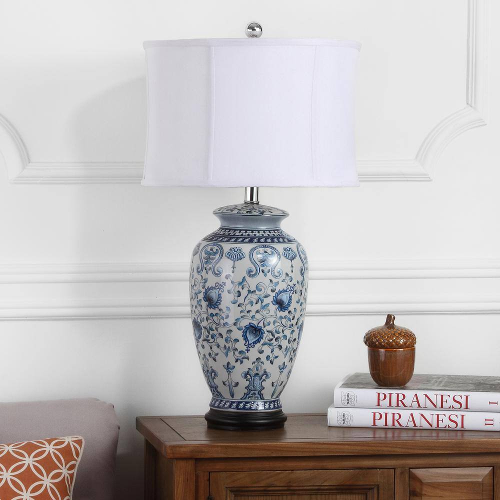 SAFAVIEH Paige 29 in. Antique Blue/White Ceramic Table Lamp with White Shade