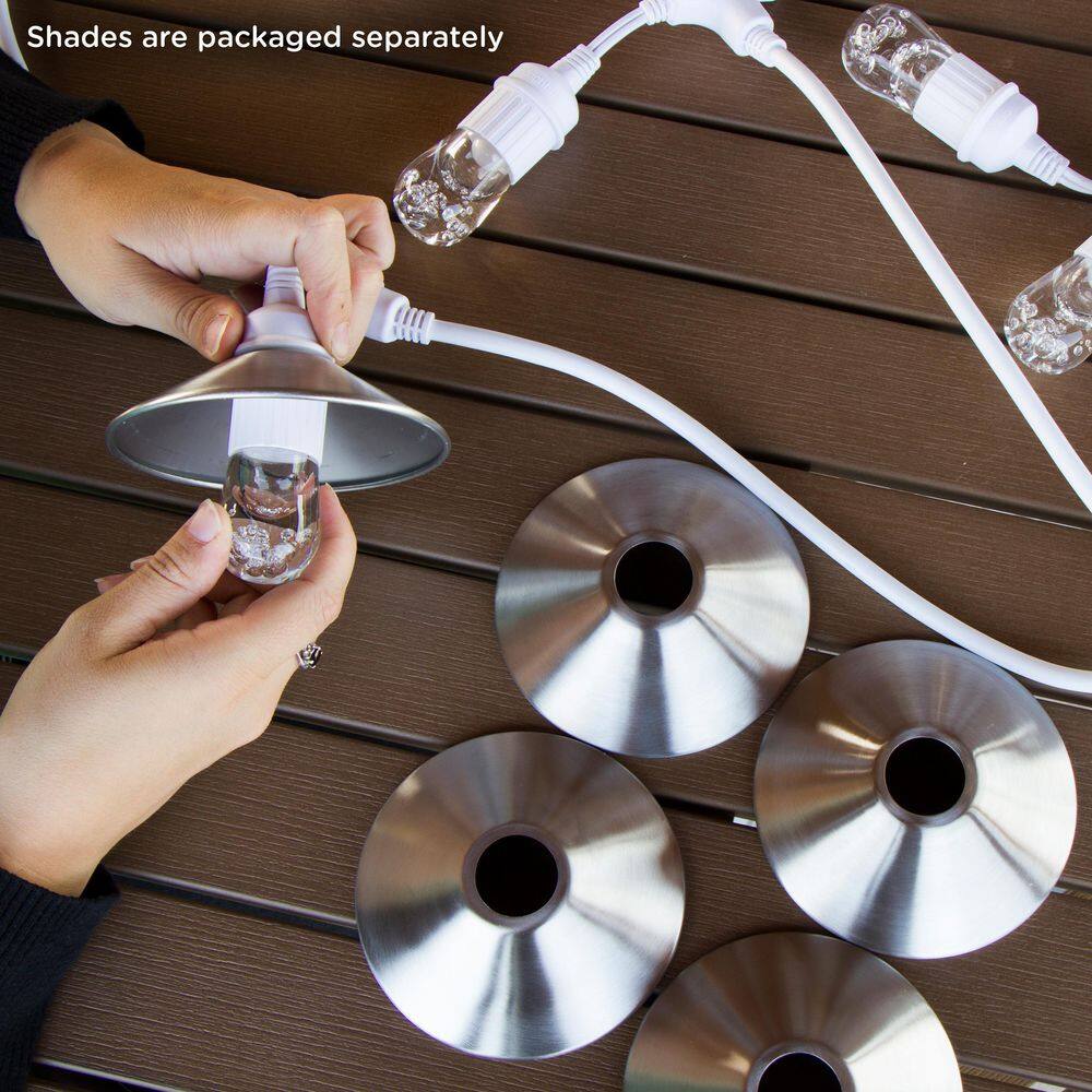 Enbrighten 12 Bulbs 24 ft. Indoor Outdoor Plug-in Integrated LED String Lights, Stainless Steel Shades, Acrylic Edison Bulbs