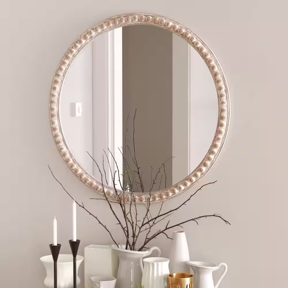 None 30 in. W x 30 in. H Distressed Brown Round Wood Frame Accent Mirror