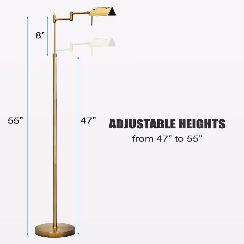O'Bright FL05D, 55in, Gold, Full Range Dimmable LED Pharmacy Floor Lamp, 12W LED, 360 Degree Swing Arms, Adjustable Heights