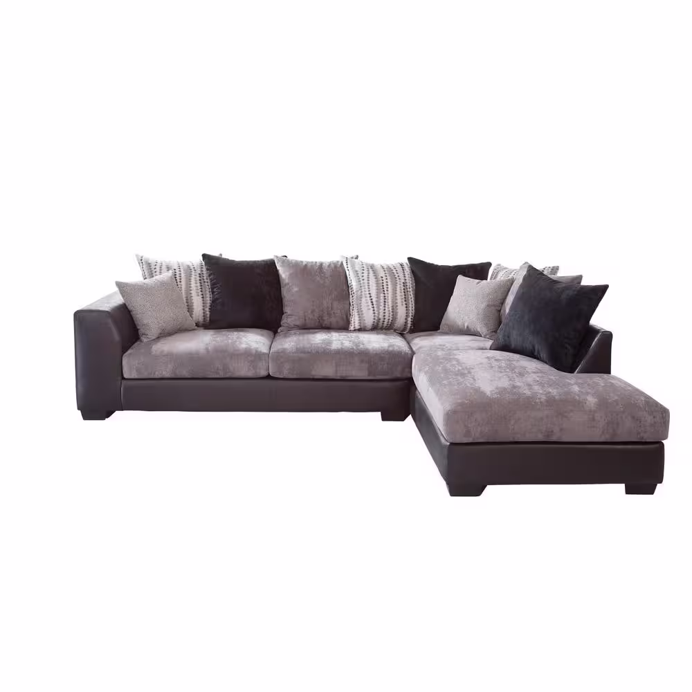 American Furniture Classics Casual Comfort 123 in. W Track Arm 2 Piece Chenille L Shape Sectional Sofa in Charcoal and Black with 10 Accent Pillows