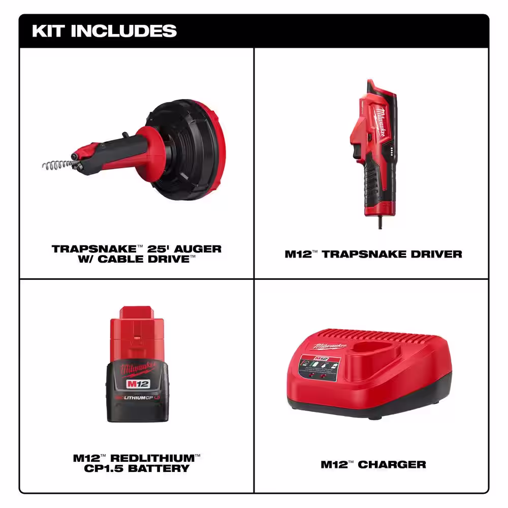 Milwaukee TRAP SNAKE 25 ft. Drum Auger with M12 Trap Snake 12-Volt Lithium-Ion Cordless Auger Drain Power Source Driver (2-Tool)