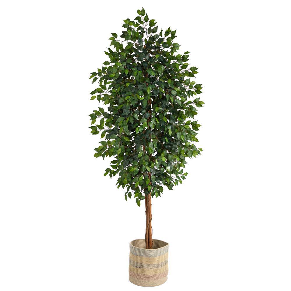 Nearly Natural 8 ft. Green Ficus Artificial Tree with Handmade Natural Cotton Multicolored Woven Planter