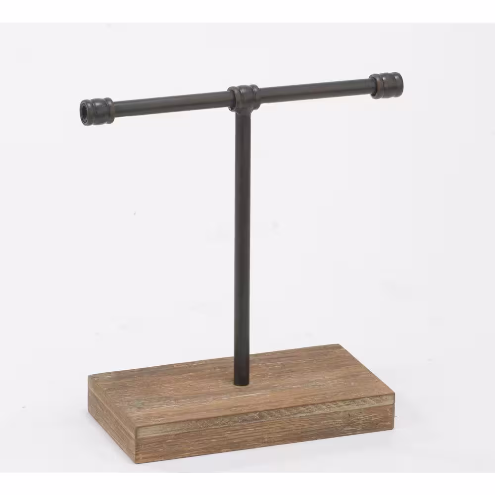 TRIPAR INTERNATIONAL, INC. 11.5 in. Industrial Black Metal T-Bar Jewelry Stand with Wood Base