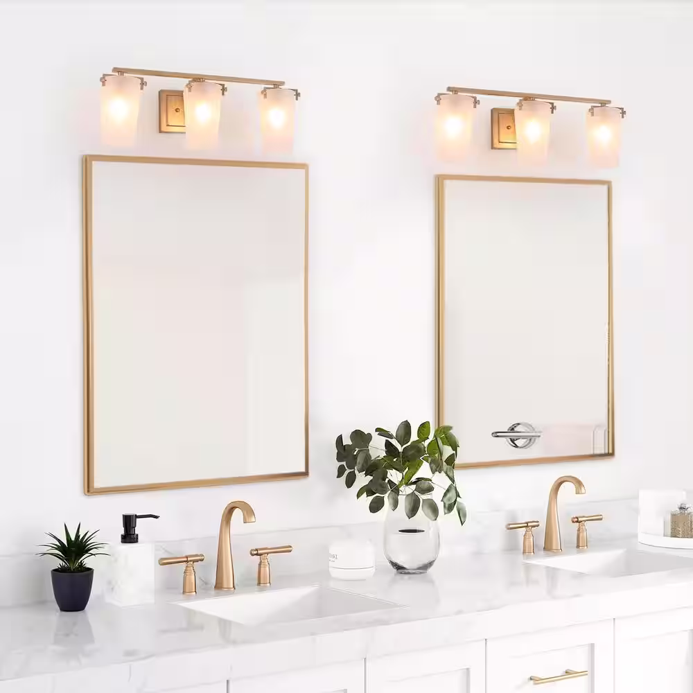 Uolfin 3-Light Farmhouse Gold Bathroom Vanity Light with Frosted Glass Shades