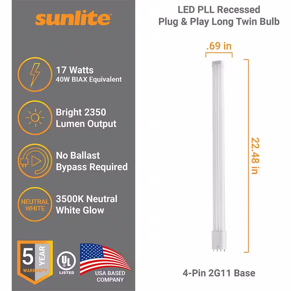 Sunlite 40-Watt Equivalent 22 in LED Tube Light 2G11 Base Recessed Plug and Play Twin Light Bulb, 3500K (10-Pack)