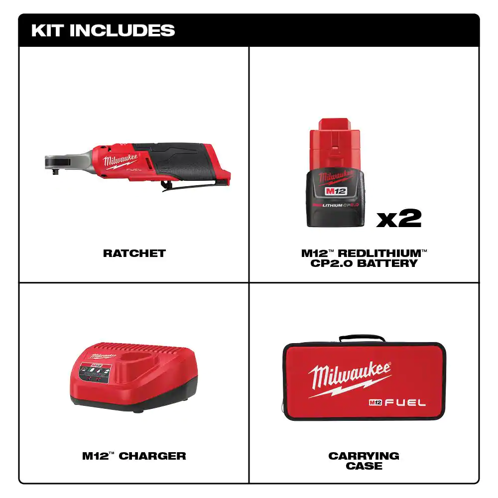 Milwaukee M12 FUEL 12V Lithium-Ion Brushless Cordless High Speed 1/4 in. Ratchet Kit w/(2) Batteries, Charger and Bag