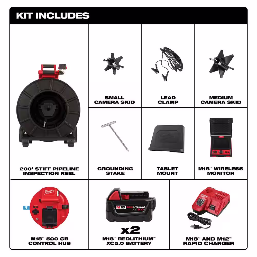 Milwaukee 18-Volt Lithium-Ion Cordless 200 ft. Pipeline Inspection System Image Reel Kit with Inspection System Monitor (2-Tool)