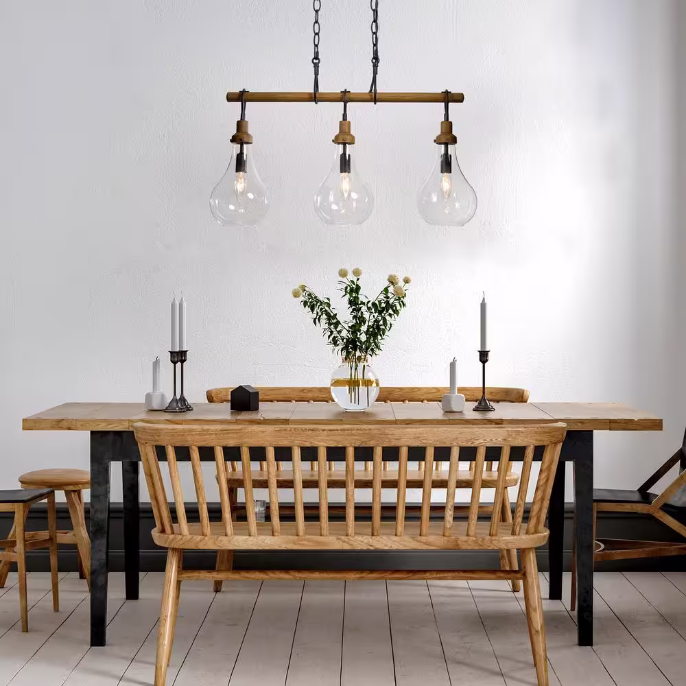 Uolfin Farmhouse Teardrop Kitchen Island Chandelier 3-Light Rustic Black Faux Wood Linear Chandelier with Clear Glass Shades