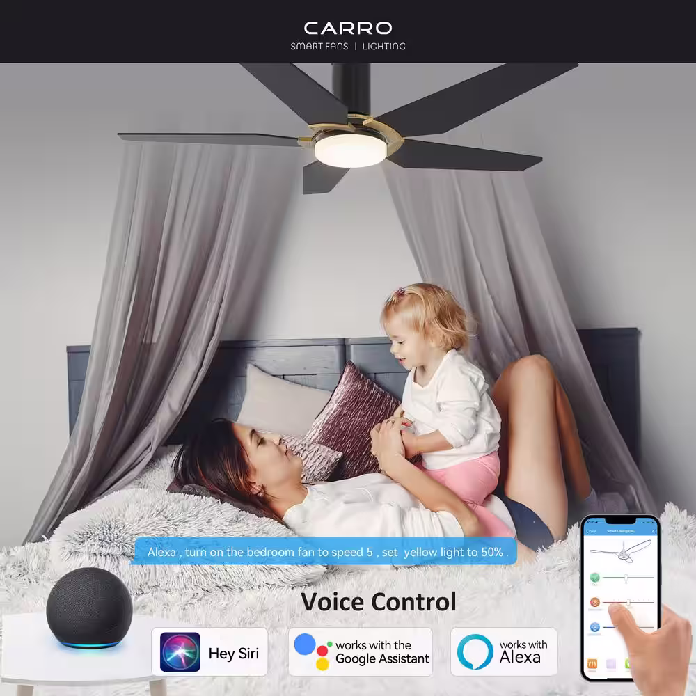 CARRO Voyager 52 in. Dimmable LED Indoor/Outdoor Black Smart Ceiling Fan with Light and Remote, Works with Alexa/Google Home