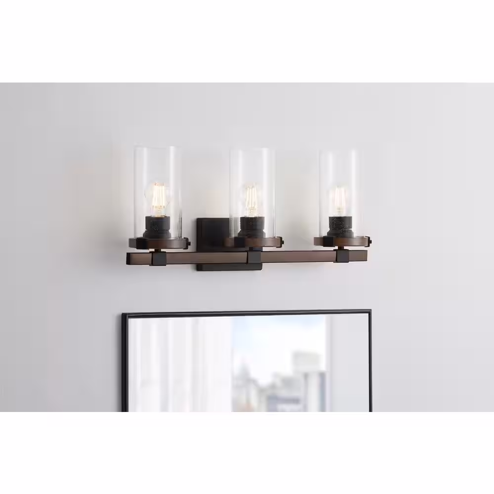 Hampton Bay Richland 24 in. W 3-Light Dark Bronze Vanity Light Clear Seedy Glass