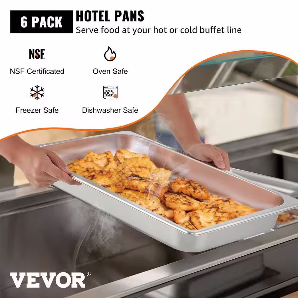 VEVOR 8.9 qt. Roasting Pans Stainless Steel Chafing Dish Buffet Set 20 x 12 x 2 in. Hotel Pans Full Size For Baking (6-Pack)