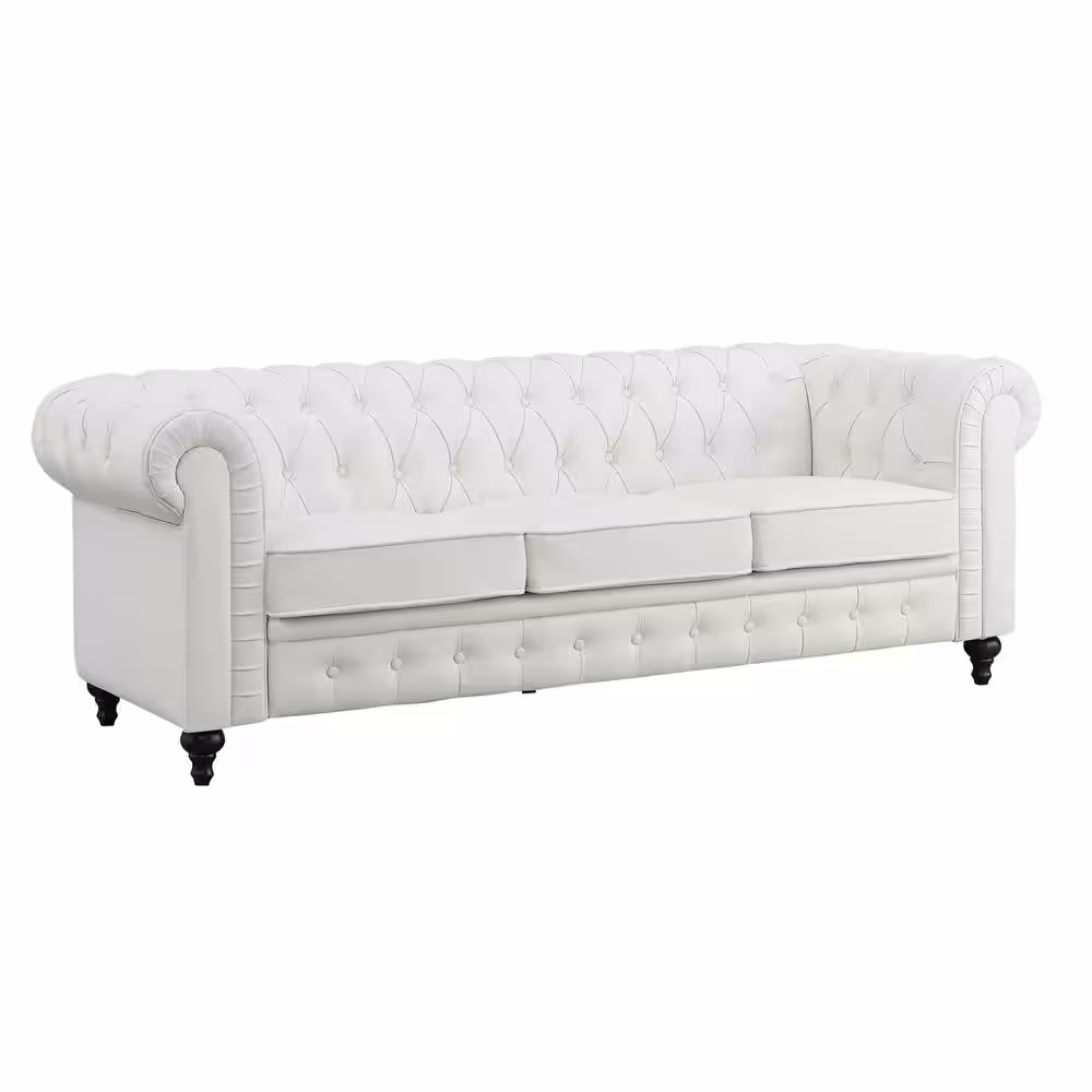 HOMESTOCK White Chesterfield Sofa with Rolled Arms, Tufted Cushions/3 Seater Sectional Couch for Small Space, Living Room, Bedroom