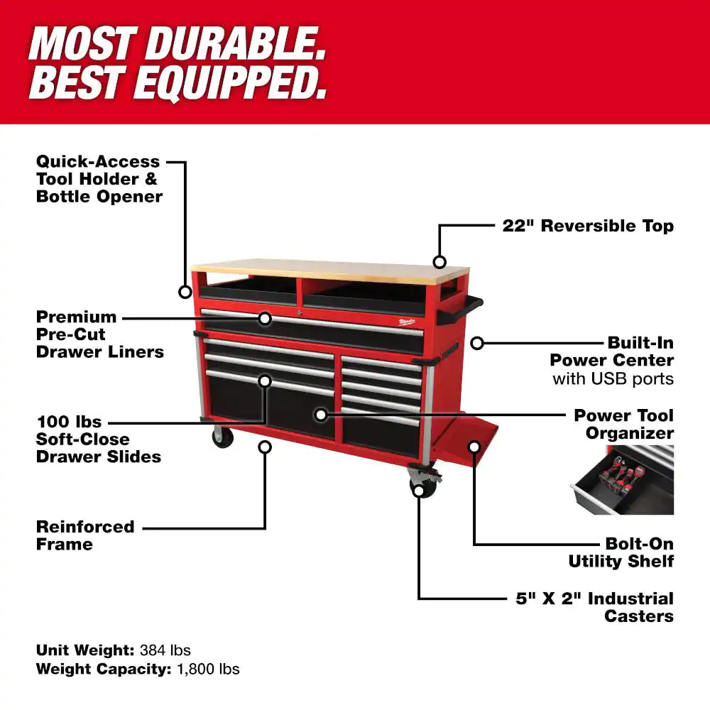 Milwaukee High Capacity 52 in. 11-Drawer Tool Chest Mobile Workbench Cabinet Clamp-Ready Wood Top