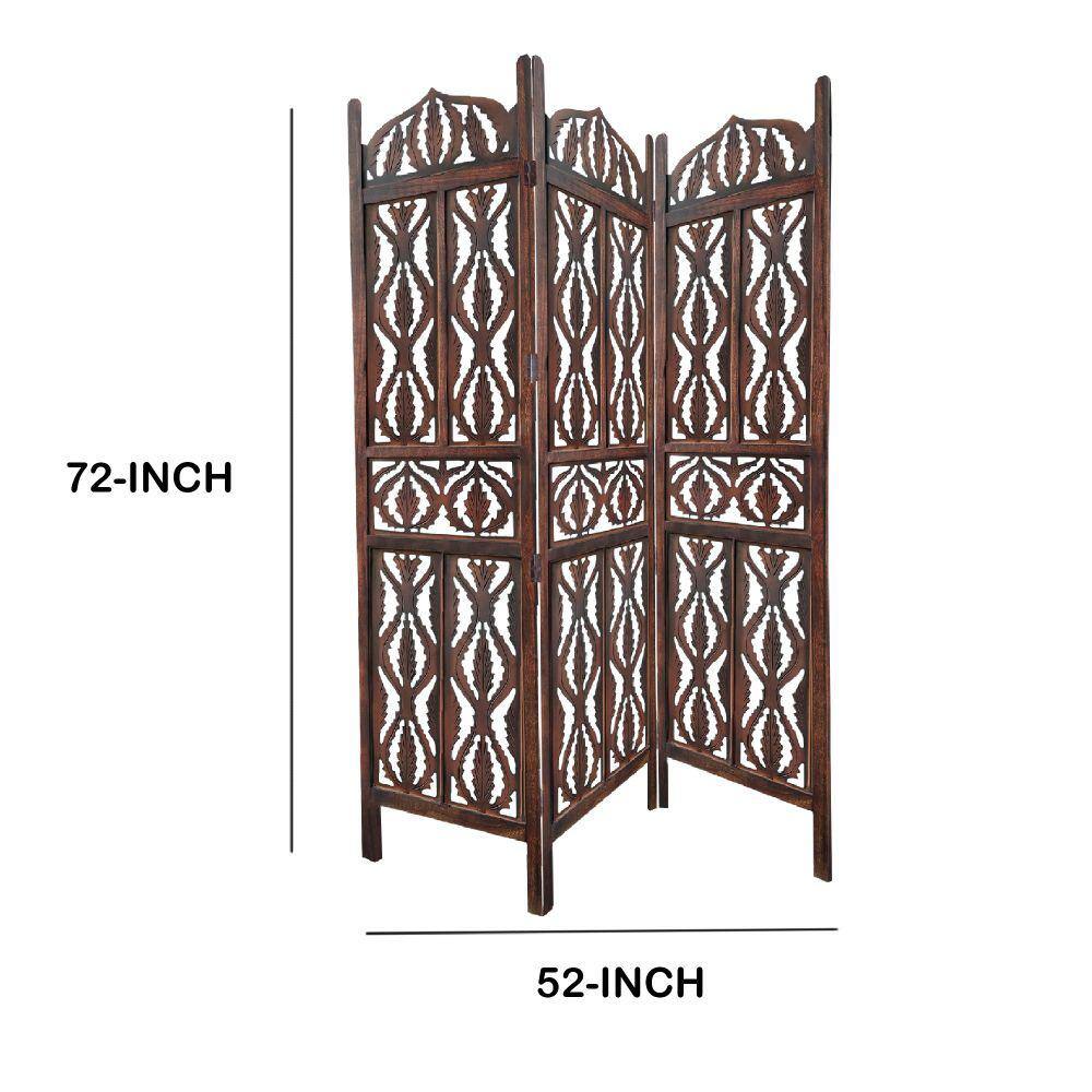 The Urban Port Brown Decorative 3-Panel Mango Wood Screen with Abstract Carvings