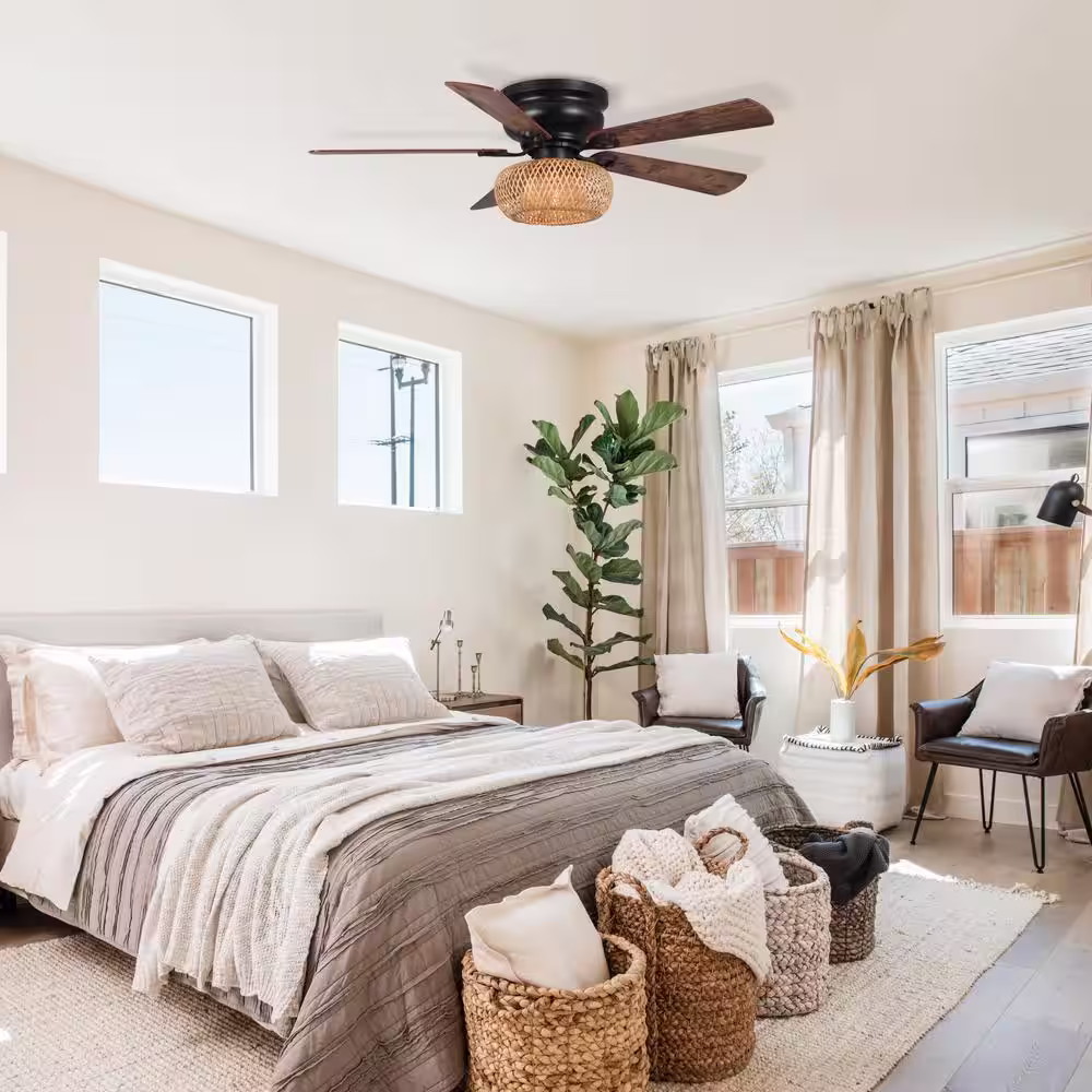 Parrot Uncle 48 in. Farmhouse Bamboo Flush Mount Matte Black Ceiling Fan with Remote Control and Light Kit