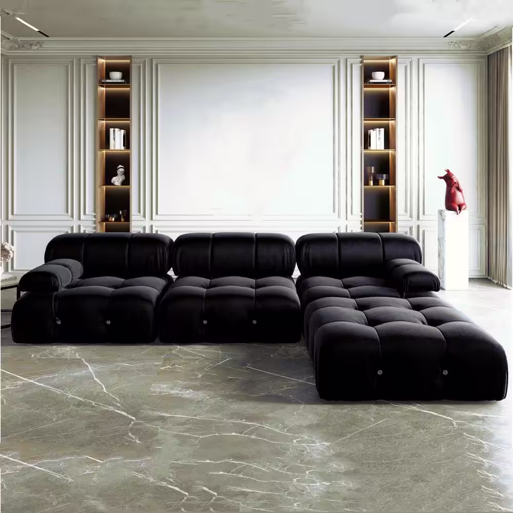 Magic Home 103.95 in. Convertible Modular Minimalist Sofa Free Combination L-Shaped 4 Seater Velvet Sectional with Ottoman, Black