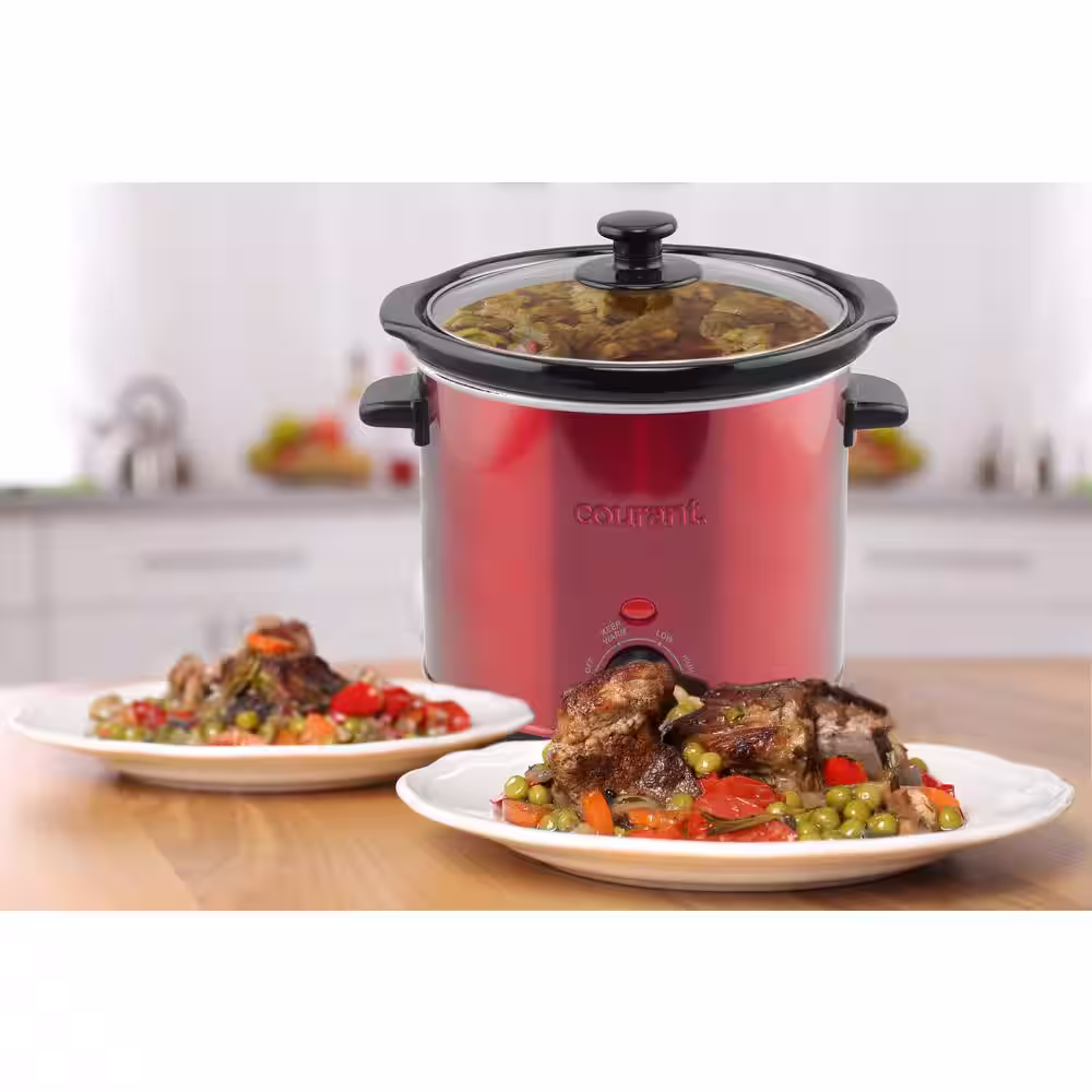 Courant 3.2 qt. Crock Slow Cooker, Dishwasher Safe, Stainproof Pot and Glass Lid Red Stainless Steel