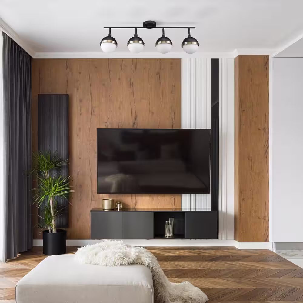 Globe Electric Bari 2.8 ft. 4-Lights Matte Black Fixed Track Lighting Kit with Brass Accents and Frosted Glass Shades, Bulbs Included