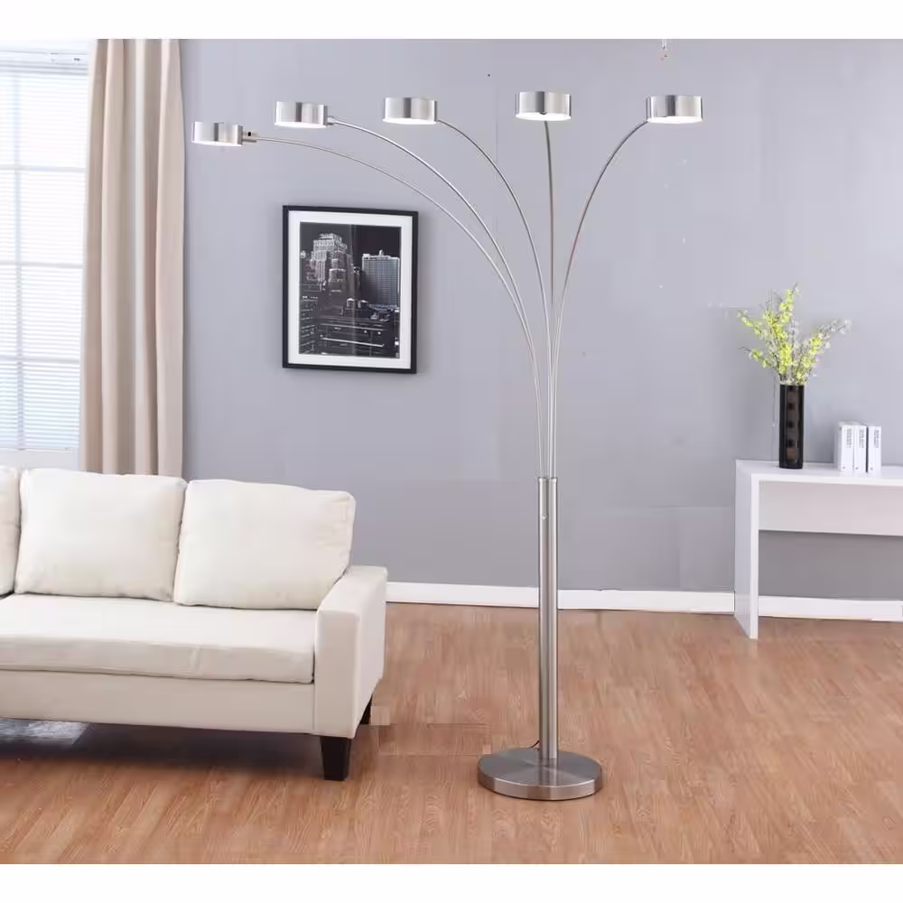 ARTIVA Micah Plus Modern LED 88 in. 5-Arc Brushed Steel Floor Lamp with Dimmer