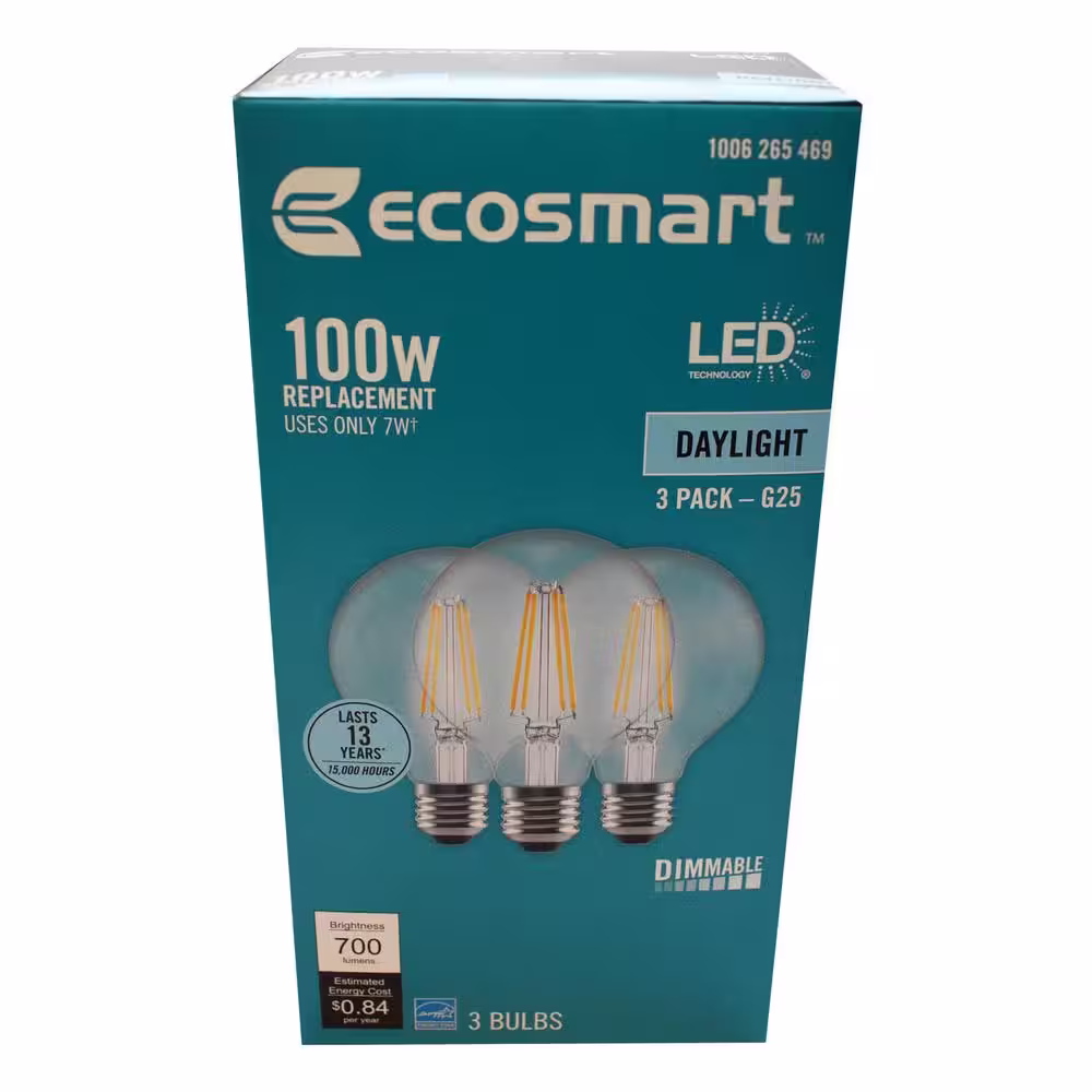 EcoSmart 100-Watt Equivalent G25 Dimmable Globe Clear Glass Filament LED Vintage Edison Light Bulb Daylight (3-Pack)