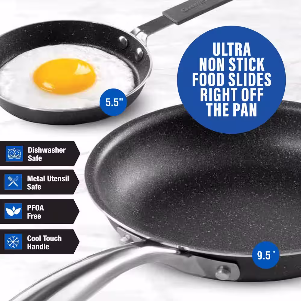 GRANITESTONE 2-Piece Black Aluminum Ultra-Durable Diamond Infused Nonstick Frying Pan Set (5. 5 in. and 9. 5 in.)