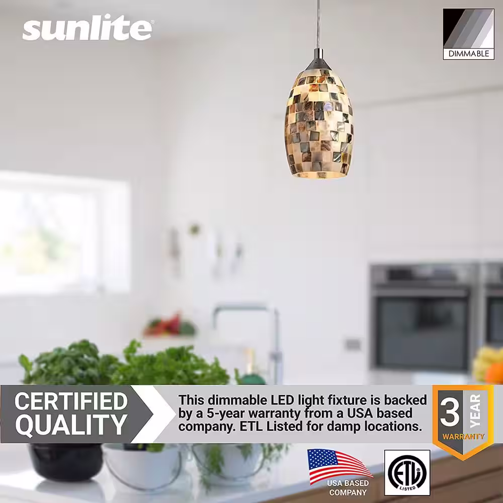 Sunlite Venice 9-Watt Integrated LED Brushed Nickel Dimmable Hanging Pendant Fixture with Decorative Designers Glass Shade