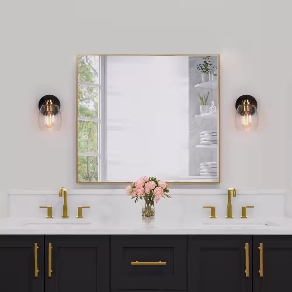 Uolfin Transitional Cylinder Bathroom Wall Sconce 1-Light Industrial Plating Brass and Black Wall Light with Seeded Glass Shade