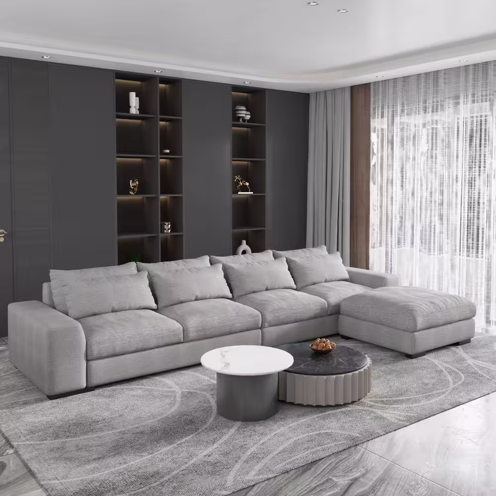 J&E Home 129.9 in. W Square Arm 3-Piece Linen L Shaped Reversible 4-Seater Sectional Sofa with Ottoman in Light Gray