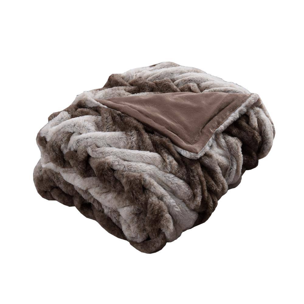 The Urban Port Eus Brown and Gray Faux Fur Braided Reverse Flannel Throw
