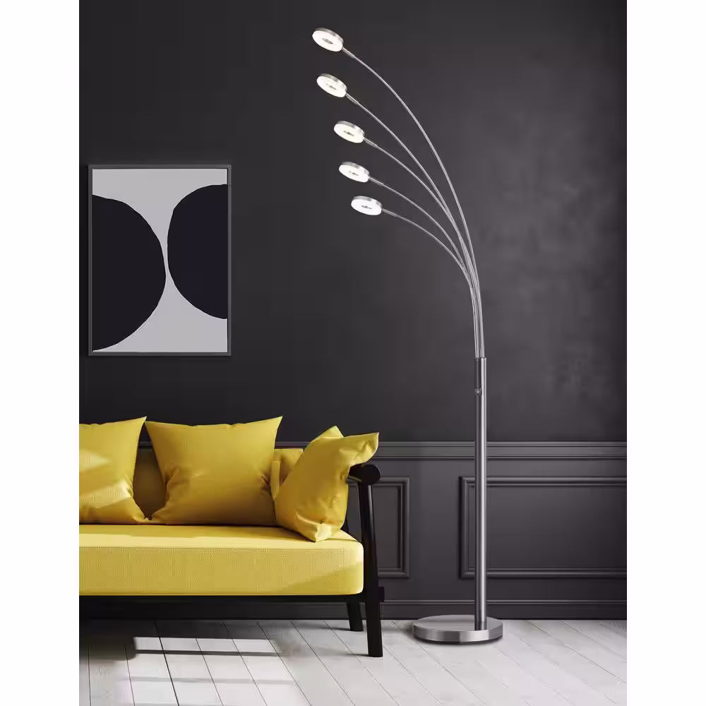 ARTIVA UFO 73 in. Satin Nickel Super Bright LED 5-Arched Floor Lamp with Touch Dimmer