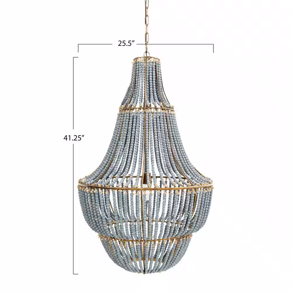 Storied Home 1-Light Grey Metal Chandelier with Wood Bead Shade