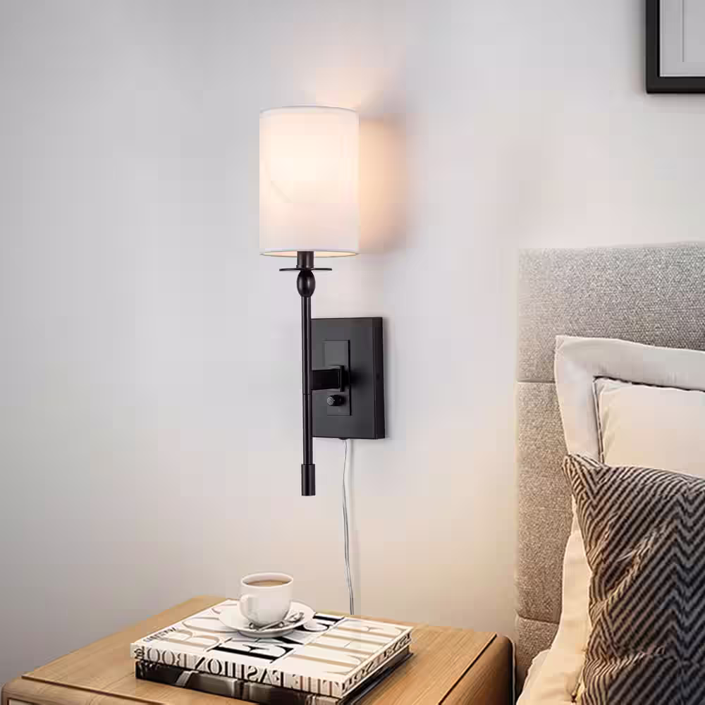 None 1-Light Black Hardwired and Plug-in Wall Sconce with Fabric Shade and ON-OFF Switch