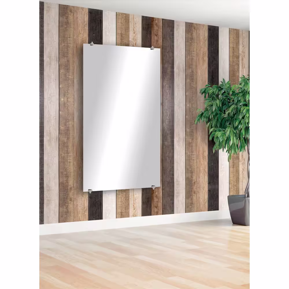 None Modern Rustic (64in. W x 33.5in. H) Frameless Rectangular Wall Mirror with Chrome Oval Clips
