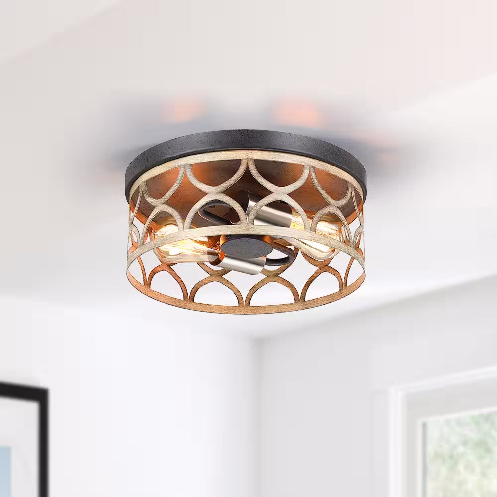 TRUE FINE 12 in. 2-Light Bronze and Wood Tone Flush Mount Ceiling Light