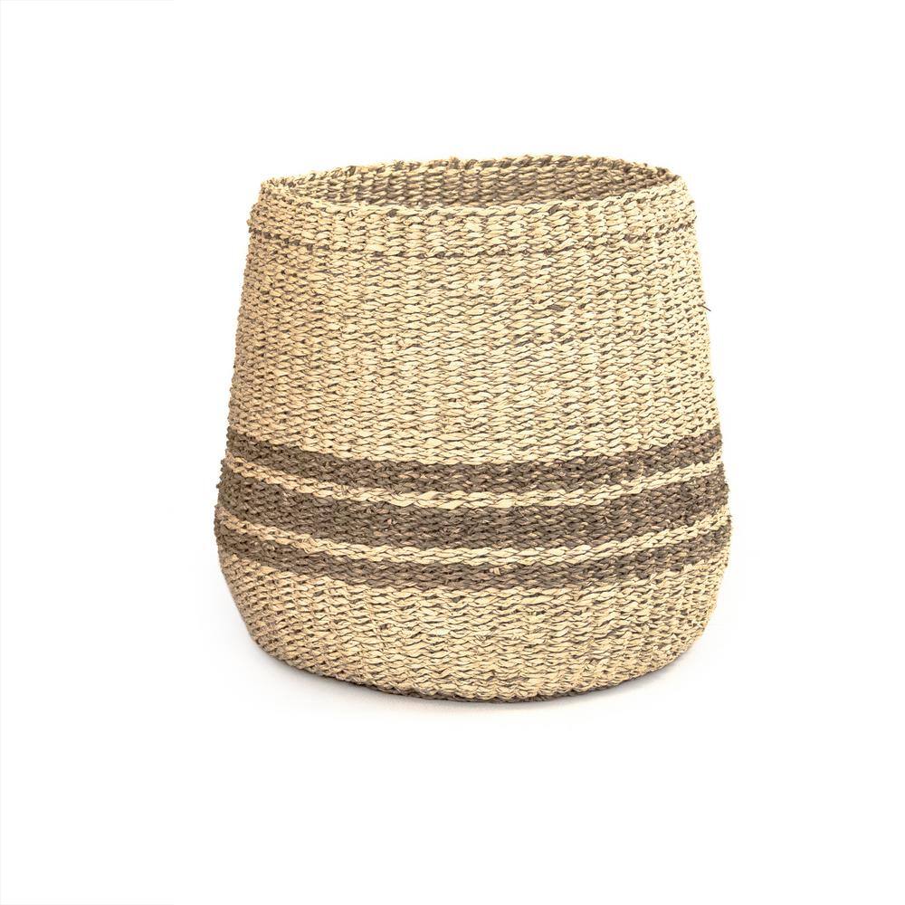 Zentique Concave Hand Woven Wicker Seagrass and Palm Leaf with Dark Pin Stripes Medium Basket