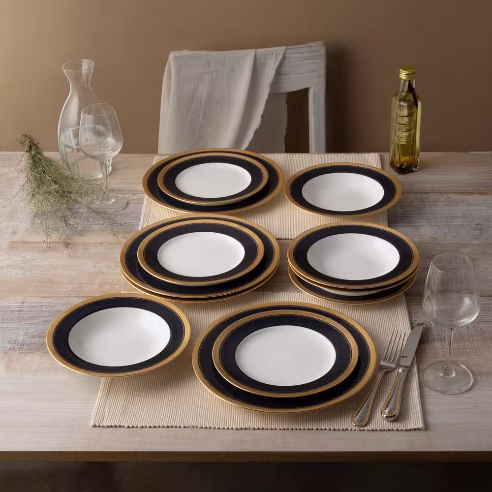 Noritake Odessa Cobalt Gold White Bone China 12-Piece Dinnerware Set, Service For 4
