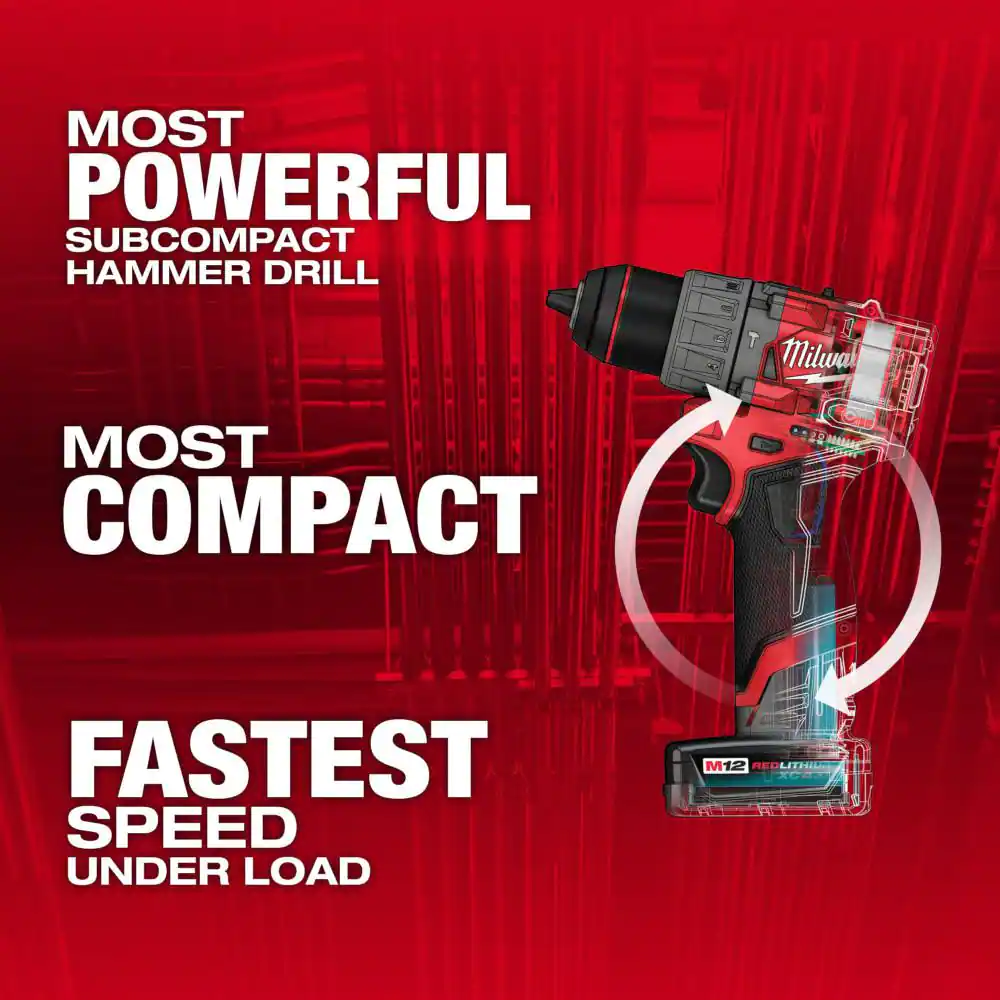 Milwaukee M12 FUEL 12V Lithium-Ion Brushless Cordless 1/2 in. Hammer Drill Kit with 4.0 Ah and 2.0 Ah Battery and Soft Case