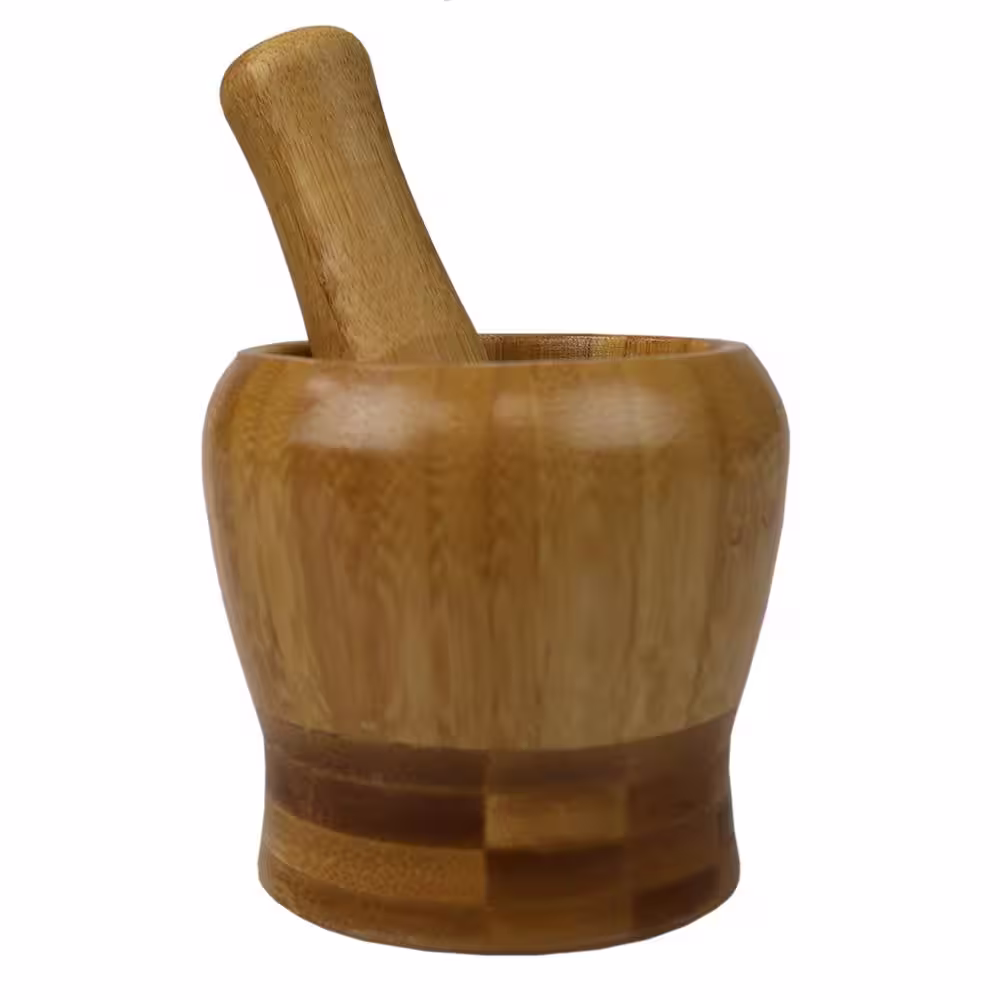 Home Basics Natural Brown Non-Skid Rustic No-Spill Large Bamboo Mortar and Pestle