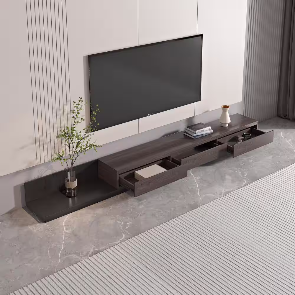 THE RIGHT PATH 118 in. Modern Walnut Veneer Retractable TV Stand Extendable Media Console with 3 Drawers