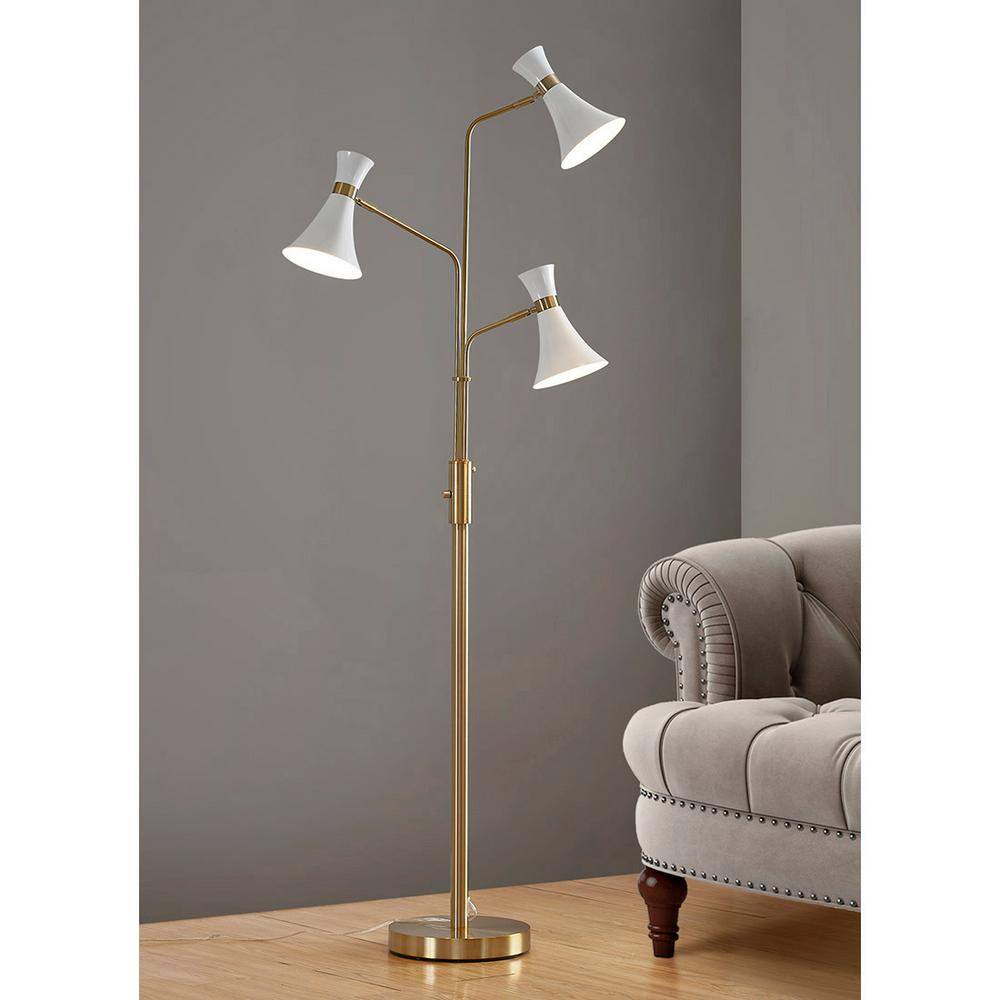 HomeGlam Bonnie 74 in. Antique Brass/White Finish 3-Lights Tree Floor Lamp with White Shades