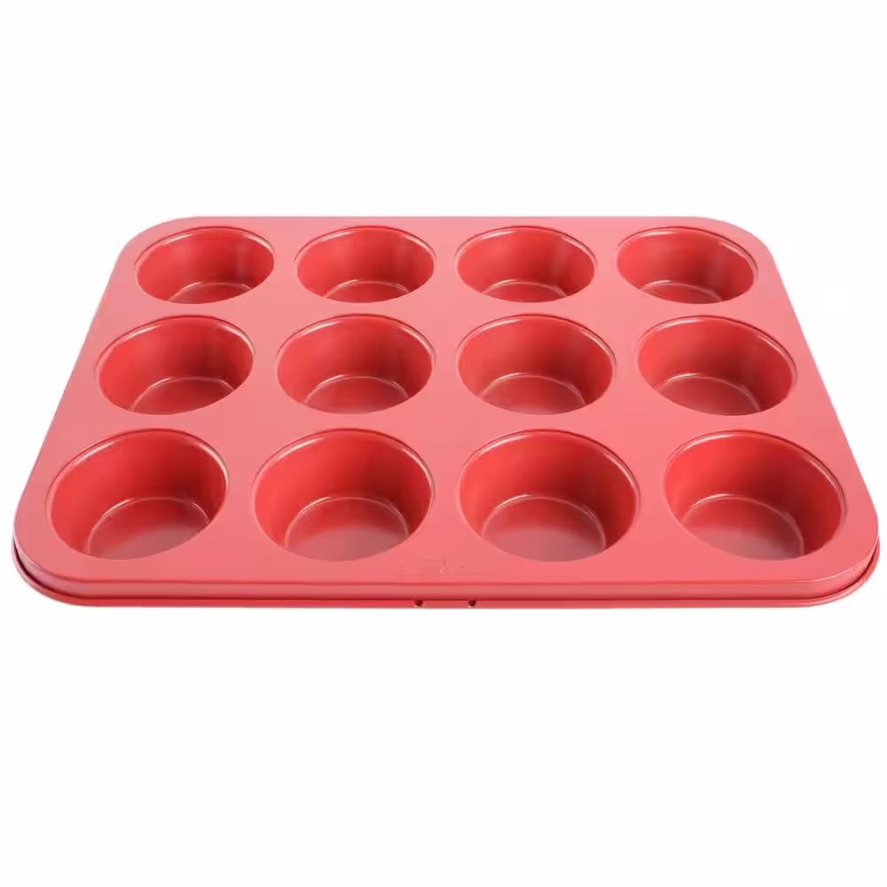 None 12-Cup Nonstick Carbon Steel Muffin Pan in Red