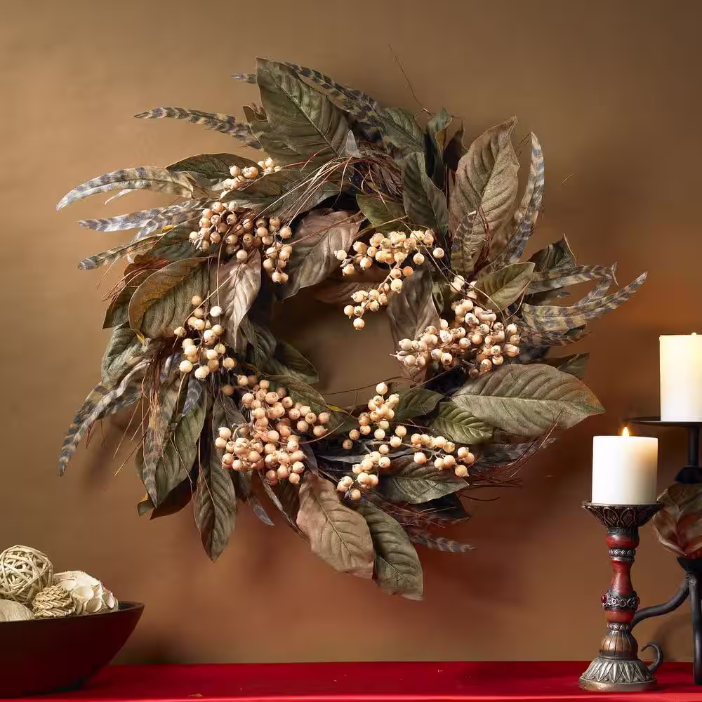 Nearly Natural 24 in. Artificial Berry and Feather Wreath