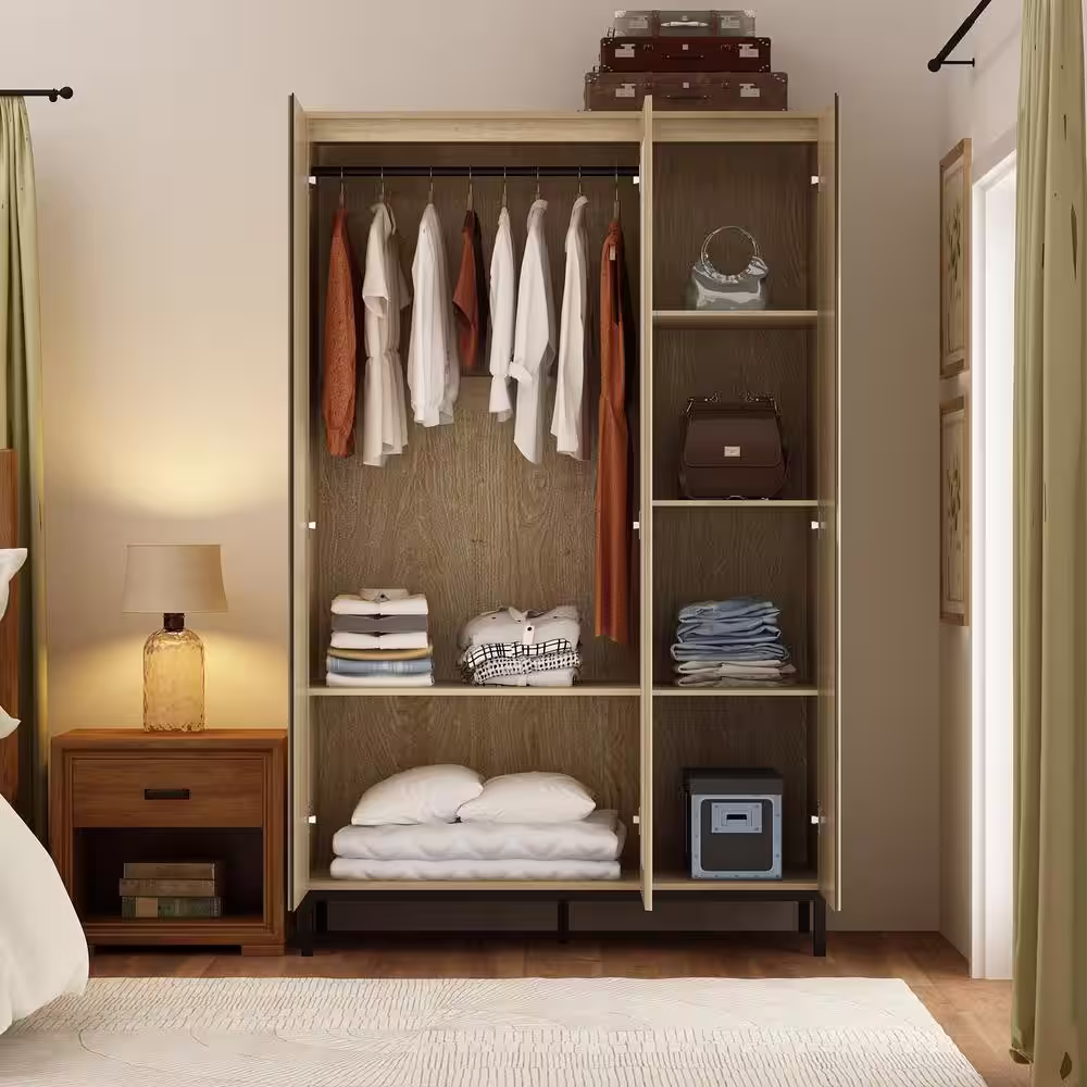 FUFU&GAGA Brown Wood Grain 3 Doors Big Armoires Wardwore with Mirror, Hanging Rod (47.2 in. W x 74.8 in. H x 18.9 in. D)